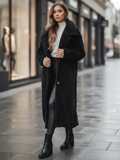 Ženski zimski plašč teddy krzno dolg črn Dstreet NY0760z