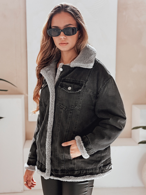 Ženska zimska jakna iz džinsa z ovčjo kožo sive barve Dstreet TY5173