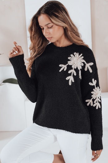 Ženski pulover s cvetlično aplikacijo GIRLHERBAL black Dstreet MY2545