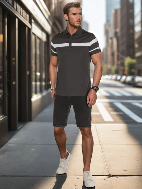 Moška polo majica s črtami temno sive barve Dstreet PX0630