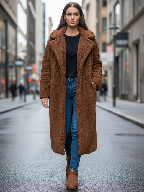 Ženski zimski plašč teddy krzno dolga kamelja barva Dstreet NY0759z