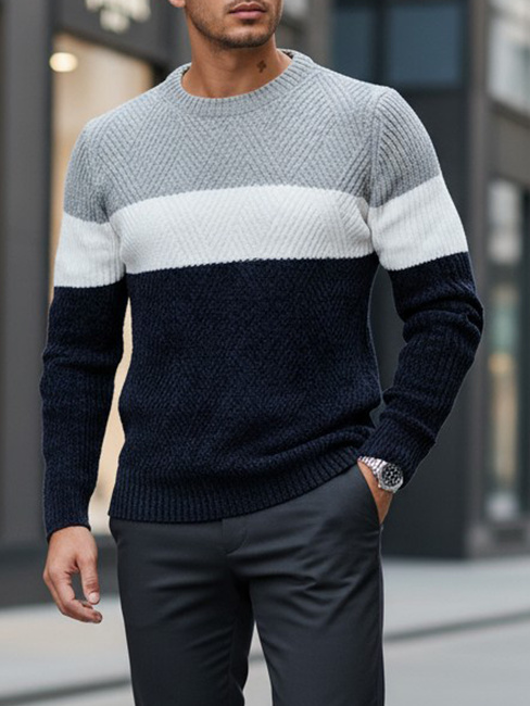 Moški pulover z okroglim vratnim izrezom sive barve mornarsko modre barve Dstreet WX2320