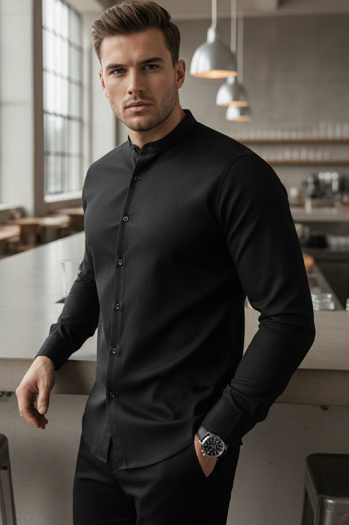 Moška črna srajca s pokončnim ovratnikom Dstreet DX2597