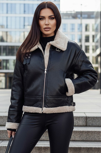 Ženska usnjena jakna SHEREB z ovčjo kožo črna Dstreet TY4756z
