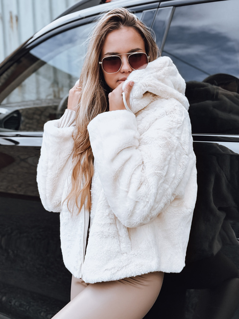 Ženska krznena jakna s kapuco svetlo bež Dstreet TY5272