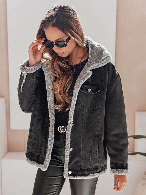 Ženska zimska jakna iz džinsa z ovčjo kožo sive barve Dstreet TY5173