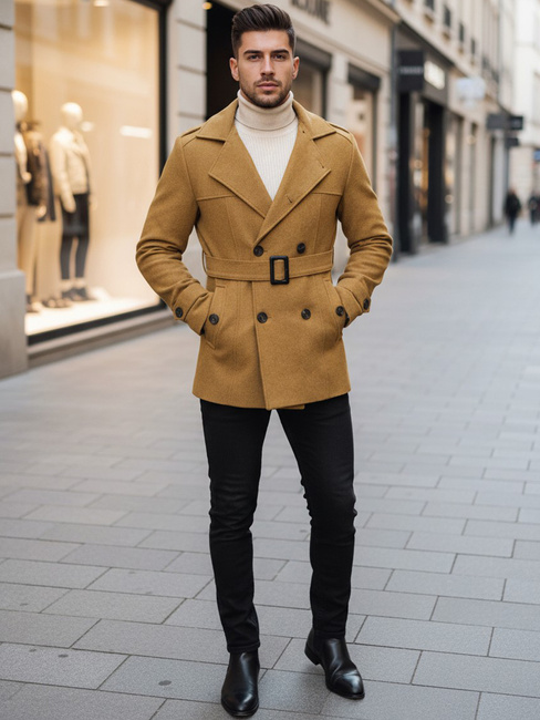 Moški plašč z dvojnim zapenjanjem Barva kamela DSTREET CX0443