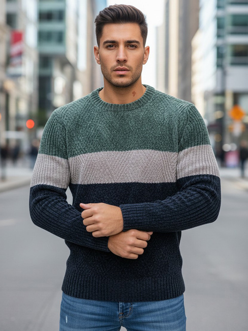 Moški pulover z okroglim izrezom zelene in mornarsko modre barve Dstreet WX2319