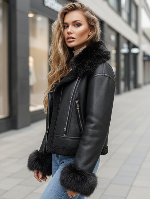 Ženska usnjena jakna z umetnim krznom črna Dstreet TY5244z