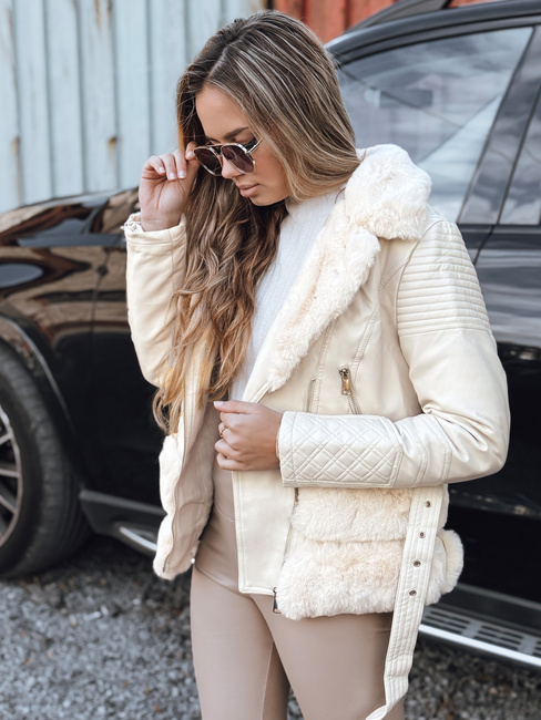 Ženska usnjena jakna ramones s krznom krem Dstreet TY5275