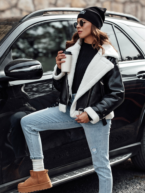 Ženska zimska usnjena jakna BELLCIAO black and beige Dstreet TY4685