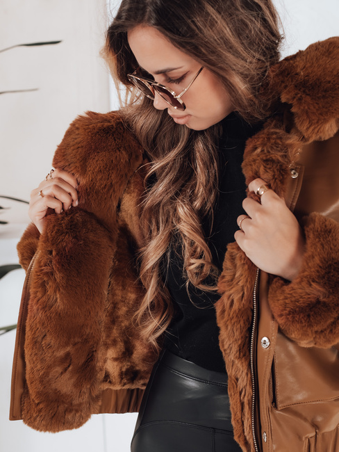 Ženska usnjena jakna s krznom rjave barve Dstreet TY5129