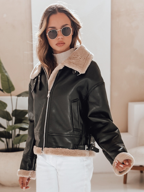 Ženska usnjena jakna SHEREB z ovčjo kožo črna Dstreet TY4756
