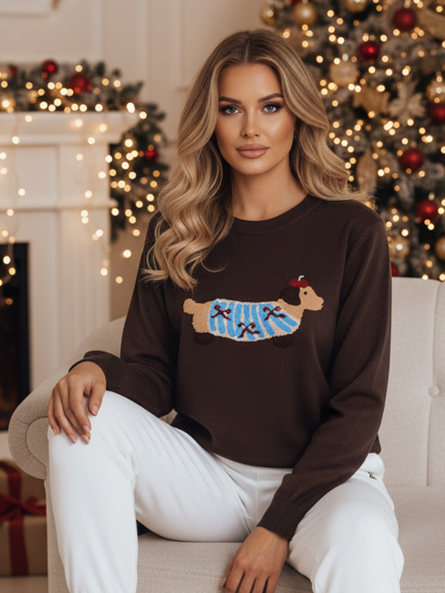 Ženski pulover s pasjo aplikacijo CHICPAWS rjave barve Dstreet MY2544z