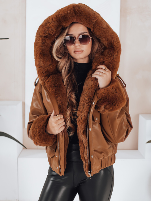 Ženska usnjena jakna s krznom rjave barve Dstreet TY5129