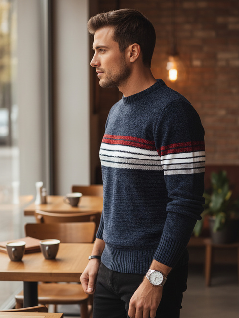 Moški črtast pulover v mornarsko modri barvi Dstreet WX2281