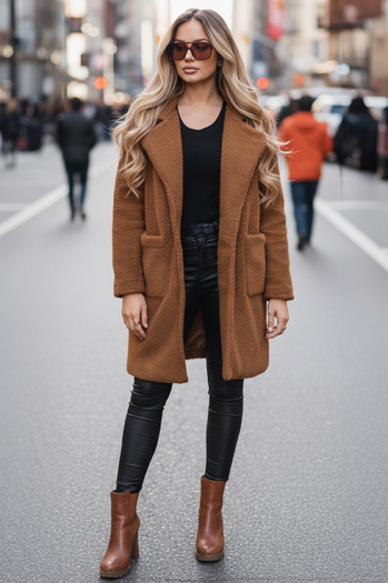 Ženski zimski plašč teddy krzno rjave barve Dstreet NY0752z