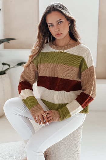 Ženski črtasti pulover CALVENA kamelja zelena Dstreet MY2559