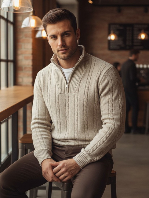 Moški pulover s pokončnim ovratnikom bež barve Dstreet WX2327