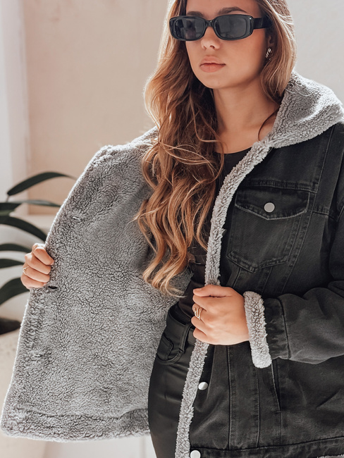 Ženska zimska jakna iz džinsa z ovčjo kožo sive barve Dstreet TY5173