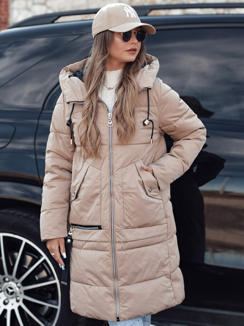 Ženska zimska jakna NORFFI dolga prešita s kapuco bež Dstreet TY4662