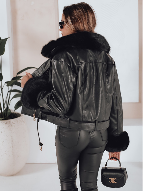 Ženska zimska usnjena jakna z umetnim krznom črna Dstreet TY5209
