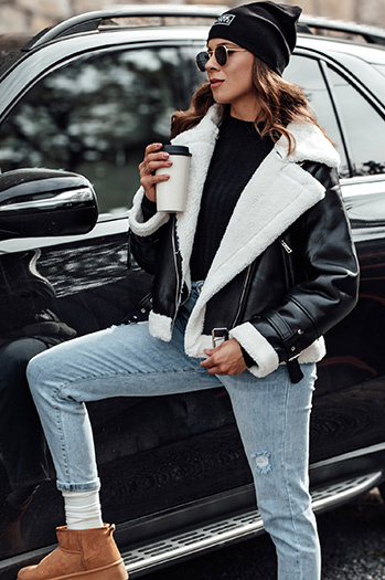 Ženska zimska usnjena jakna BELLCIAO black and beige Dstreet TY4685