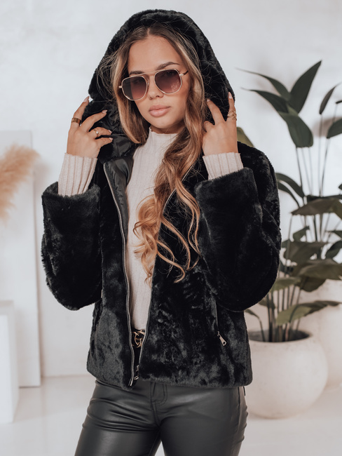 Ženski kratki plašč ELMIRIS črn krznen plašč Dstreet TY4995