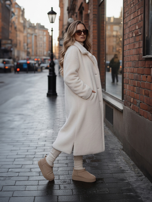 Ženski zimski plašč Teddy krzno dolga kremna Dstreet NY0750z