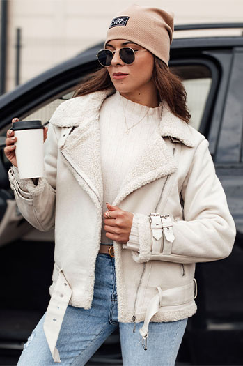 Ženska jakna LEVERINO iz semiša z ovčjo kožo bela Dstreet TY4732