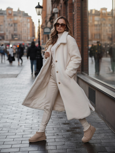 Ženski zimski plašč Teddy krzno dolga kremna Dstreet NY0750z