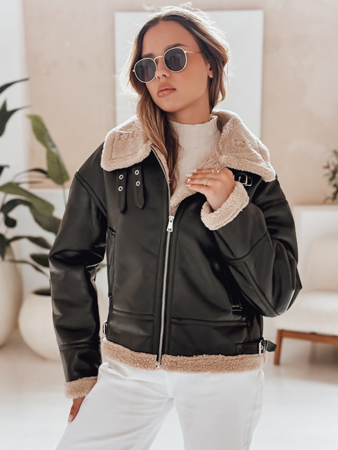 Ženska usnjena jakna SHEREB z ovčjo kožo črna Dstreet TY4756