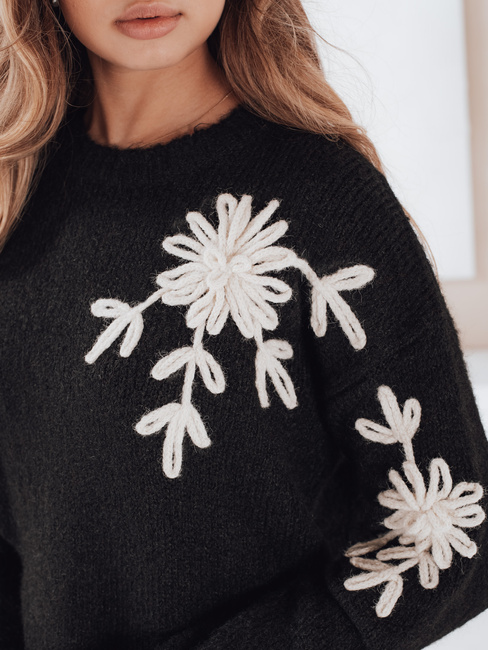 Ženski pulover s cvetlično aplikacijo GIRLHERBAL black Dstreet MY2545