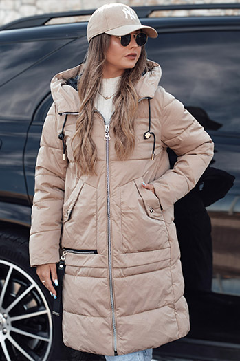 Ženska zimska jakna NORFFI dolga prešita s kapuco bež Dstreet TY4662