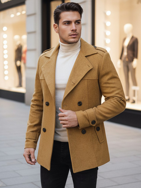 Moški plašč z dvojnim zapenjanjem Barva kamela DSTREET CX0443