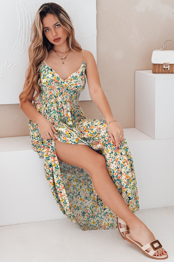 Maksi obleka FLORALUSH v zelenih in rumenih cvetovih Dstreet EY2630