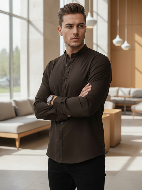 Moška srajca s pokončnim ovratnikom rjave barve Dstreet DX2678