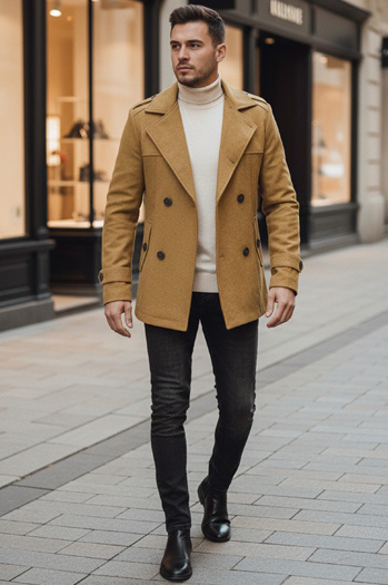 Moški plašč z dvojnim zapenjanjem Barva kamela DSTREET CX0443