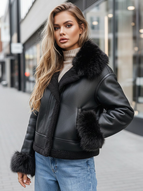 Ženska usnjena jakna z umetnim krznom črna Dstreet TY5244z