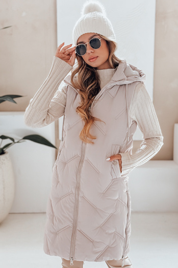 Ženska dolga prešita jopica s kapuco bež barve Dstreet TY5099