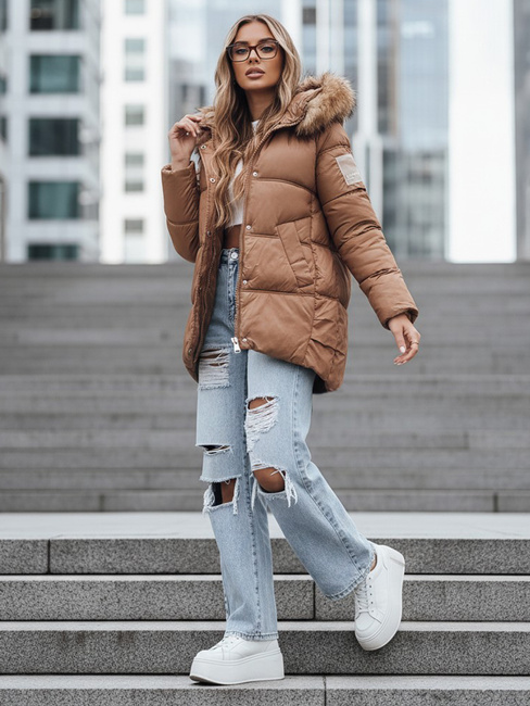 Ženska prešita zimska jakna s kapuco v kamelji barvi Dstreet TY5508