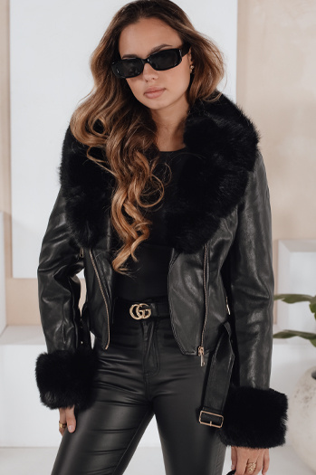 Ženska zimska usnjena jakna z umetnim krznom črna Dstreet TY5212