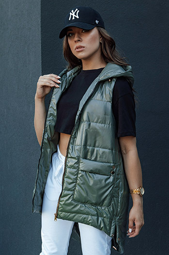 Ženska prešita dolga jopica s kapuco JESS zelena Dstreet TY4442