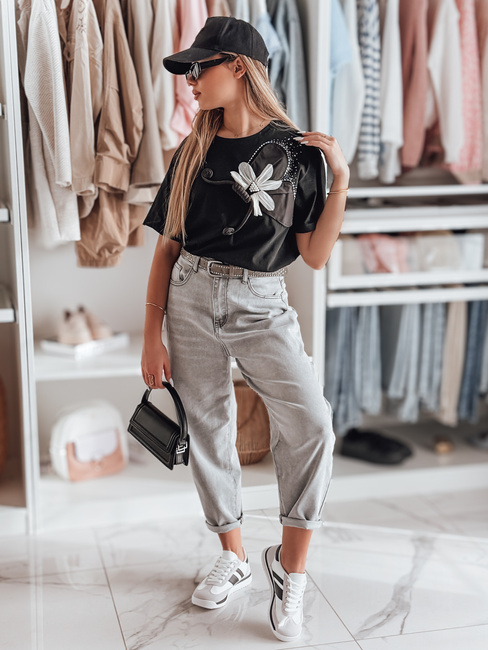Ženska majica oversize s 3D učinkom PETALOVE črna Dstreet RY2717