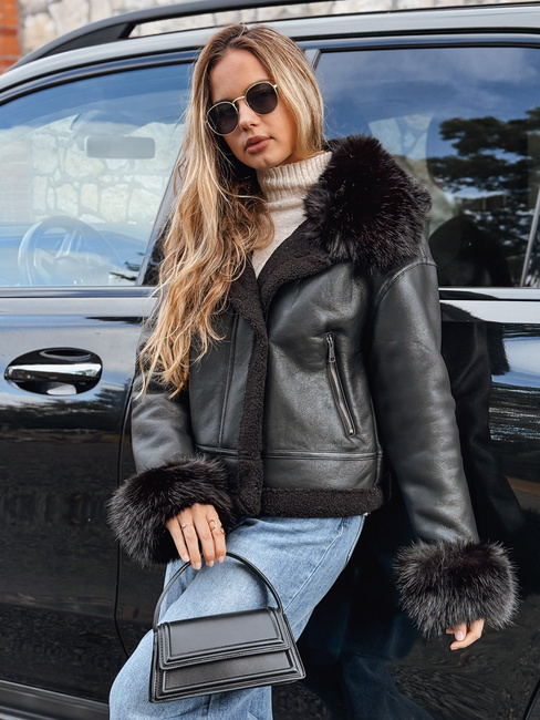 Ženska usnjena jakna z umetnim krznom črna Dstreet TY5244