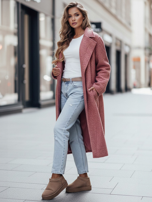 Damski dolg plašč iz ovčje kože roza barve Dstreet NY0755z