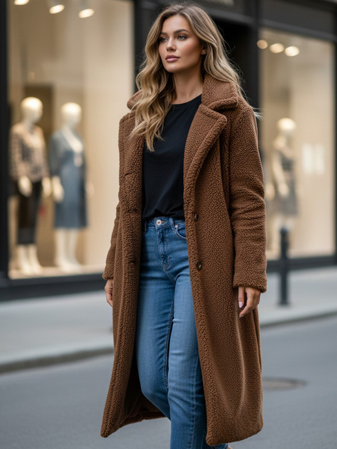 Ženski zimski plašč teddy krzno dolga kamelja barva Dstreet NY0759z