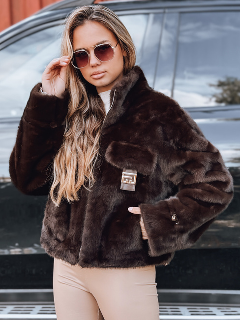 Ženski kratki rjavi krznen plašč Dstreet TY5241