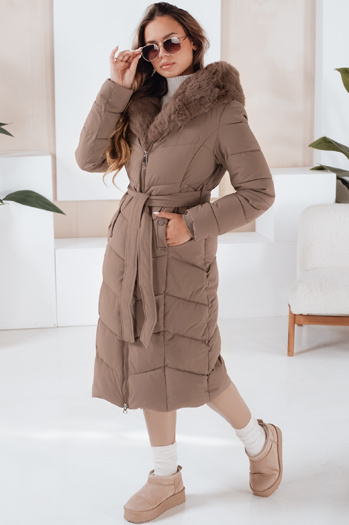 Ženska zimska dolga prešita jakna s krznom temno bež Dstreet TY5087