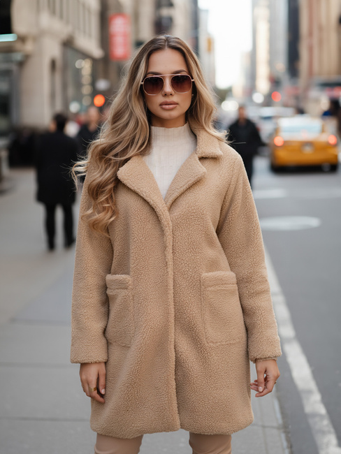 Ženski zimski plašč Teddy krzno beige Dstreet NY0757z